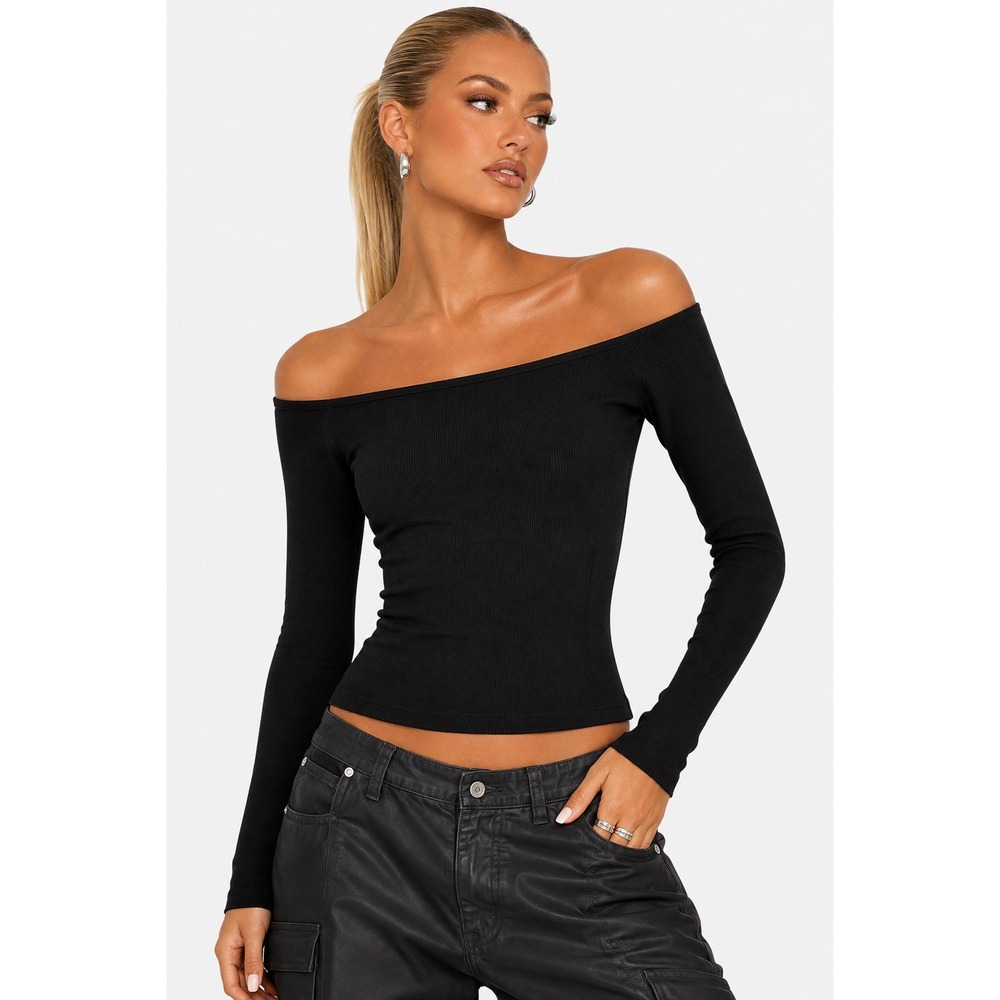 Joah Brown Bare Shoulder Long Sleeve Top Black Ribbed Knit XS S